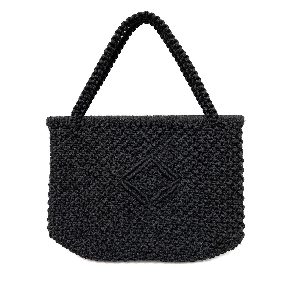 Vintage Handmade Boho Black Crochet Tote Bag Snap Woven Artisan Coastal Handbag